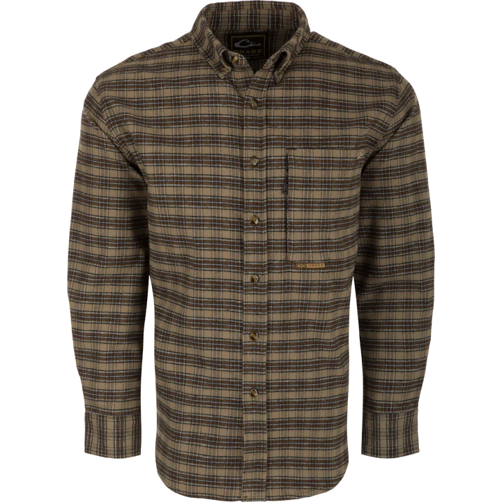 Drake Autumn Brushed Twill Trad Plaid Shirt LS Timber Wolf Khaki