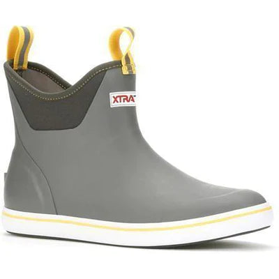 Ankle deck boot in gray with yellow accents, featuring pull-on tabs and a non-slip sole design.