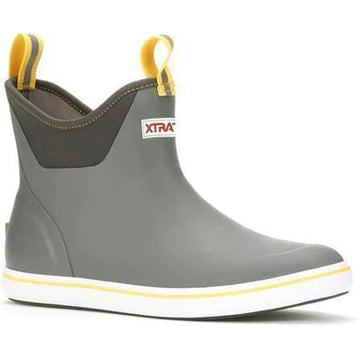 Ankle deck boot in gray with yellow accents, featuring pull-on tabs and a non-slip sole design.