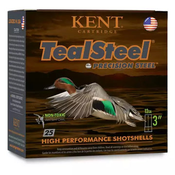 Box of Kent TealSteel 12 Gauge shotgun shells with a picture of a flying teal duck. The box indicates non-toxic precision steel and high performance shotshells with a pellet count of 25.