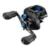 A Shimano SLX150 baitcasting fishing reel with black and blue color accents.