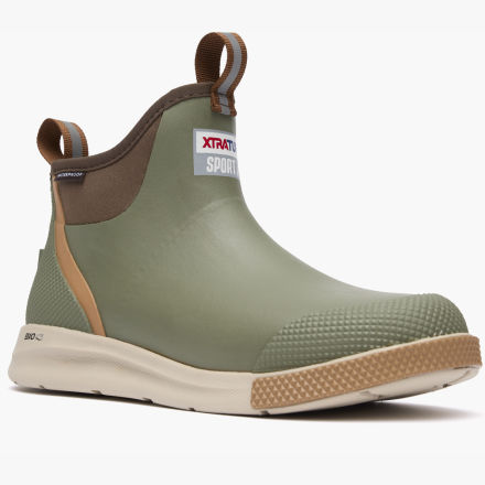 XTRATUF men's ankle deck boot in sports olive color with a brown strap and a white and brown sole.