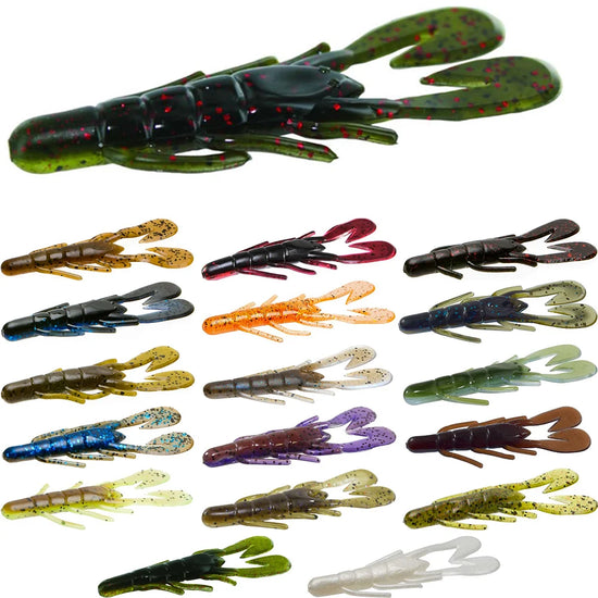 A collection of soft plastic fishing baits in various colors designed to resemble crawfish.