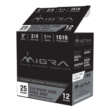 A box of MIGRA 12 gauge steel shot hunting ammunition with specifications detailed on the packaging.