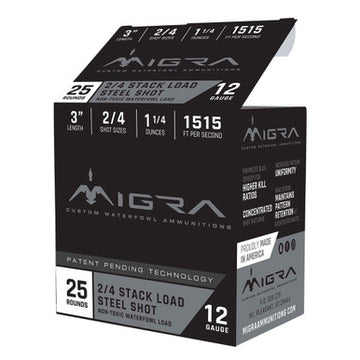 A box of MIGRA 12 gauge steel shot hunting ammunition with specifications detailed on the packaging.