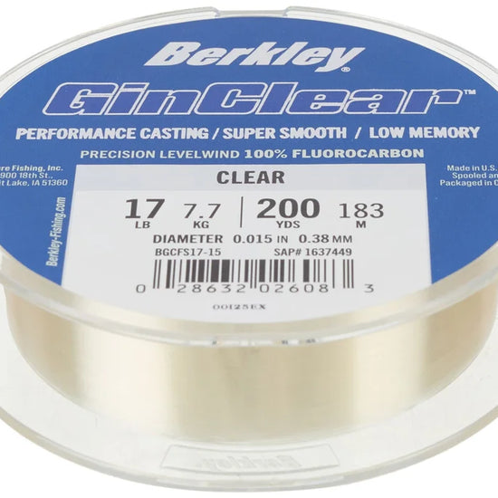Spool of Berkley GinClear fluorocarbon fishing line with blue label
