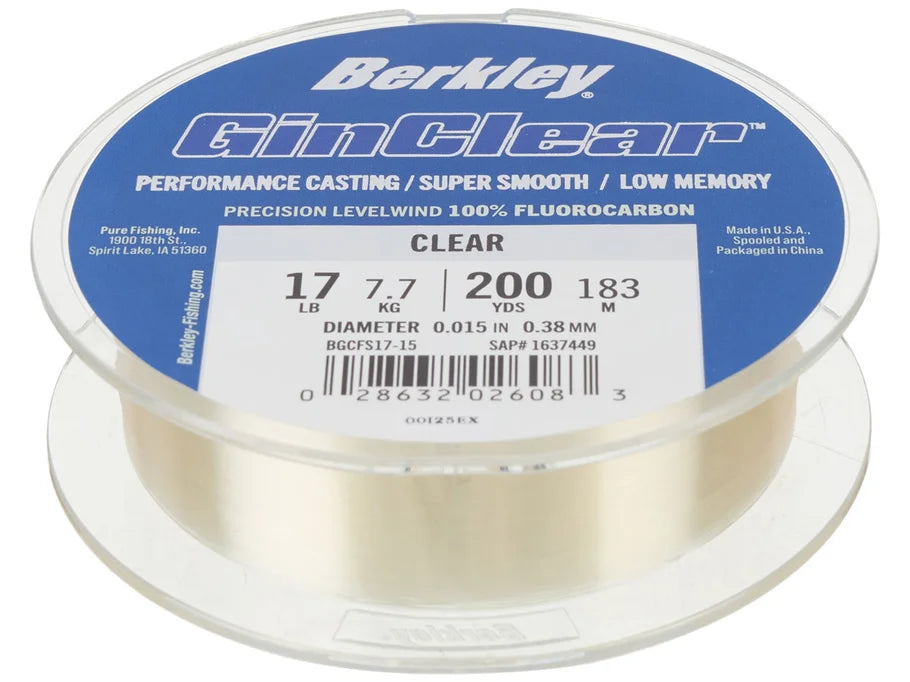 Spool of Berkley GinClear fluorocarbon fishing line with blue label